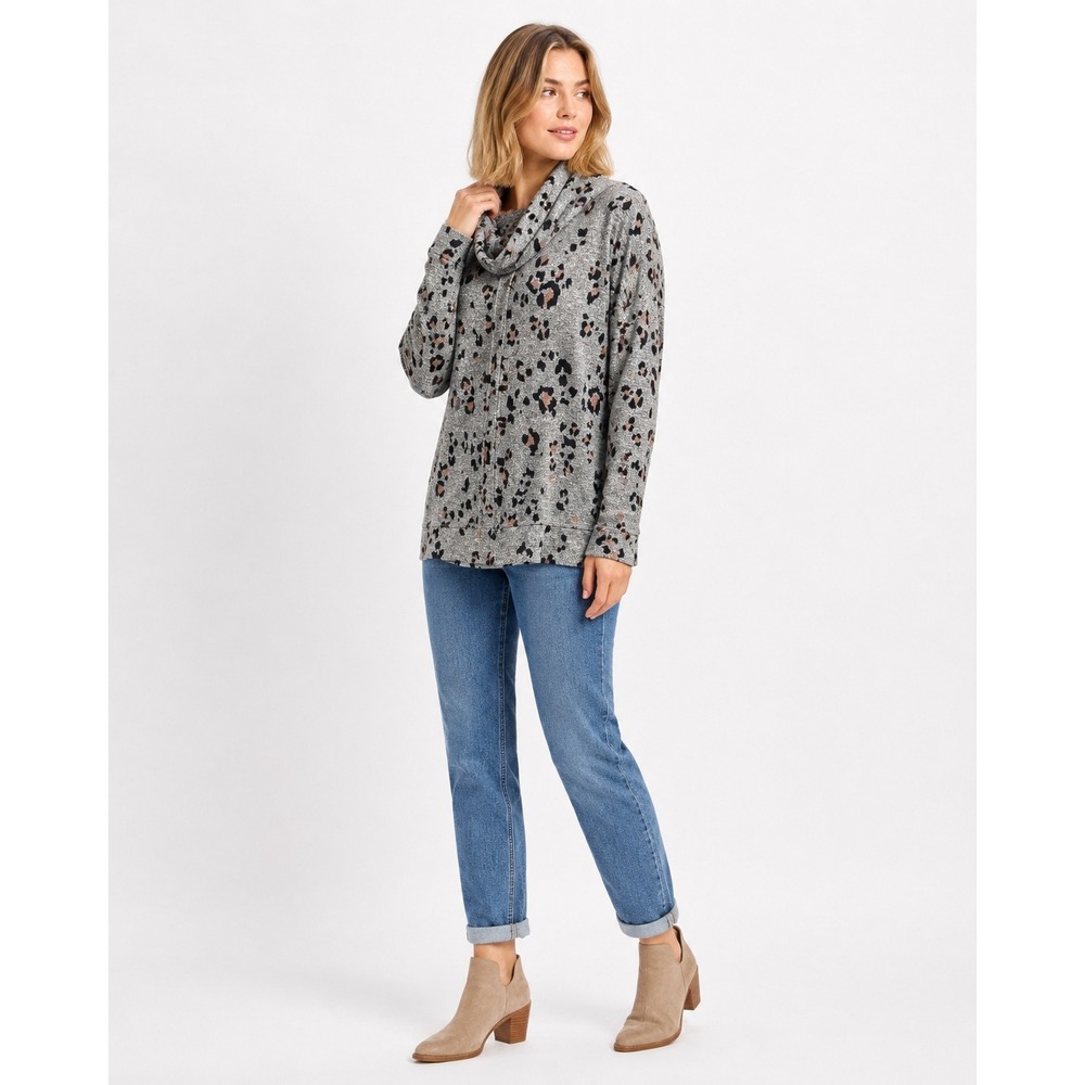 Gray Leopard Cowl Neck Pullover Medium Soft Stretch Casual Animal Print Sweater